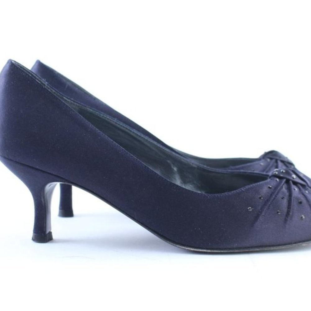 Stuart Weitzman Navy Satin Knot Twist Kitten Open - Picture 8 of 8